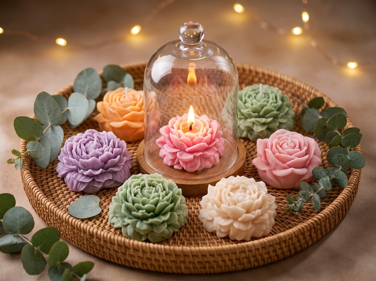 Beautiful Handcrafted Radiance Peony Candles with Eucalyptus decor